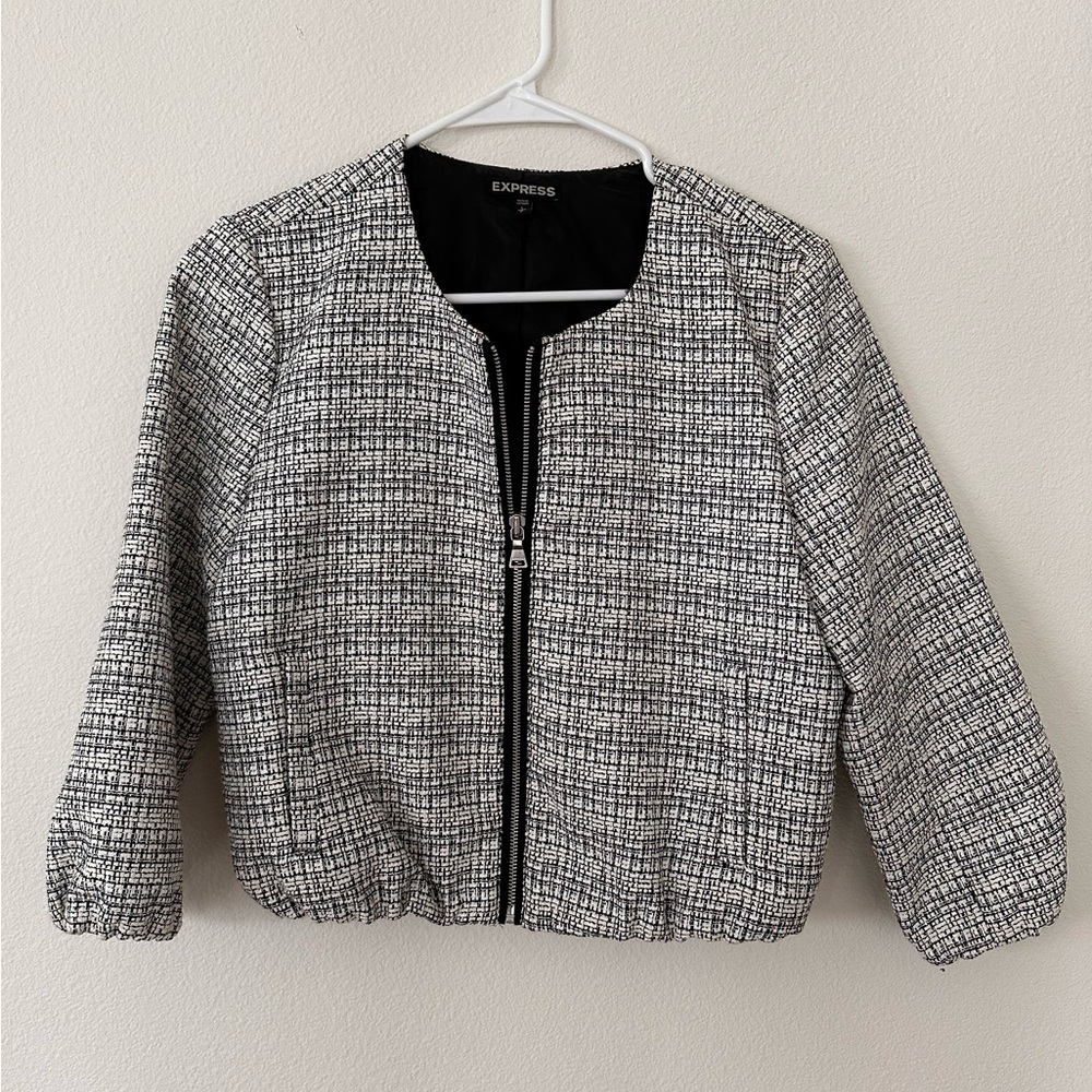 Express Women’s Black and White Cropped Jacket with Zip Front | Size Small